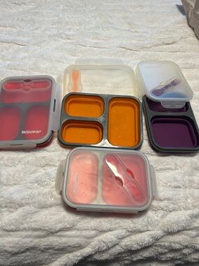 Ecoone Red , Orange , Purple Silicone Bento Lunch Box Set lot of 4
